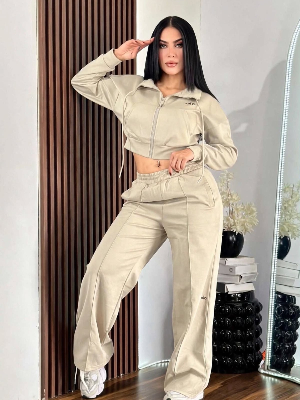 2 Set Yoga Beige Wide-Leg Track Pants with Elastic Waist
